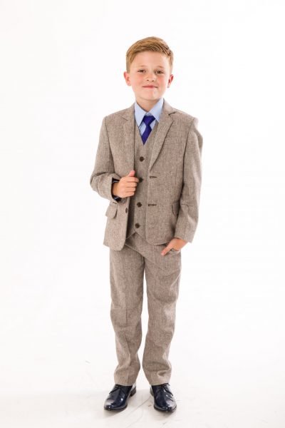 5 Piece Boys Herringbone Brown Suit