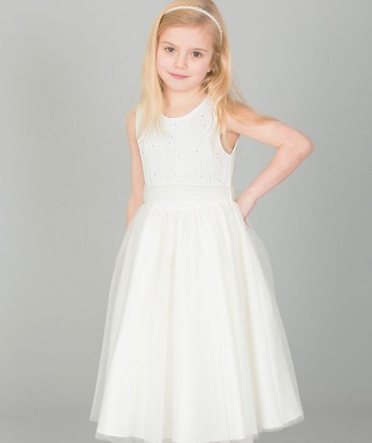Girls Ivory Flower diamond dress with ivory belt