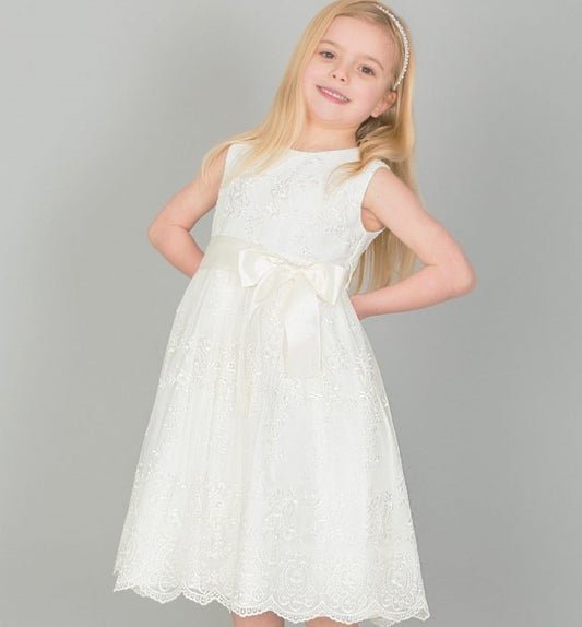 Girls Lace Dress With Bow In Ivory