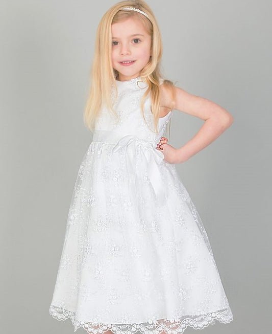 Girls Lace Dress With Bow In White